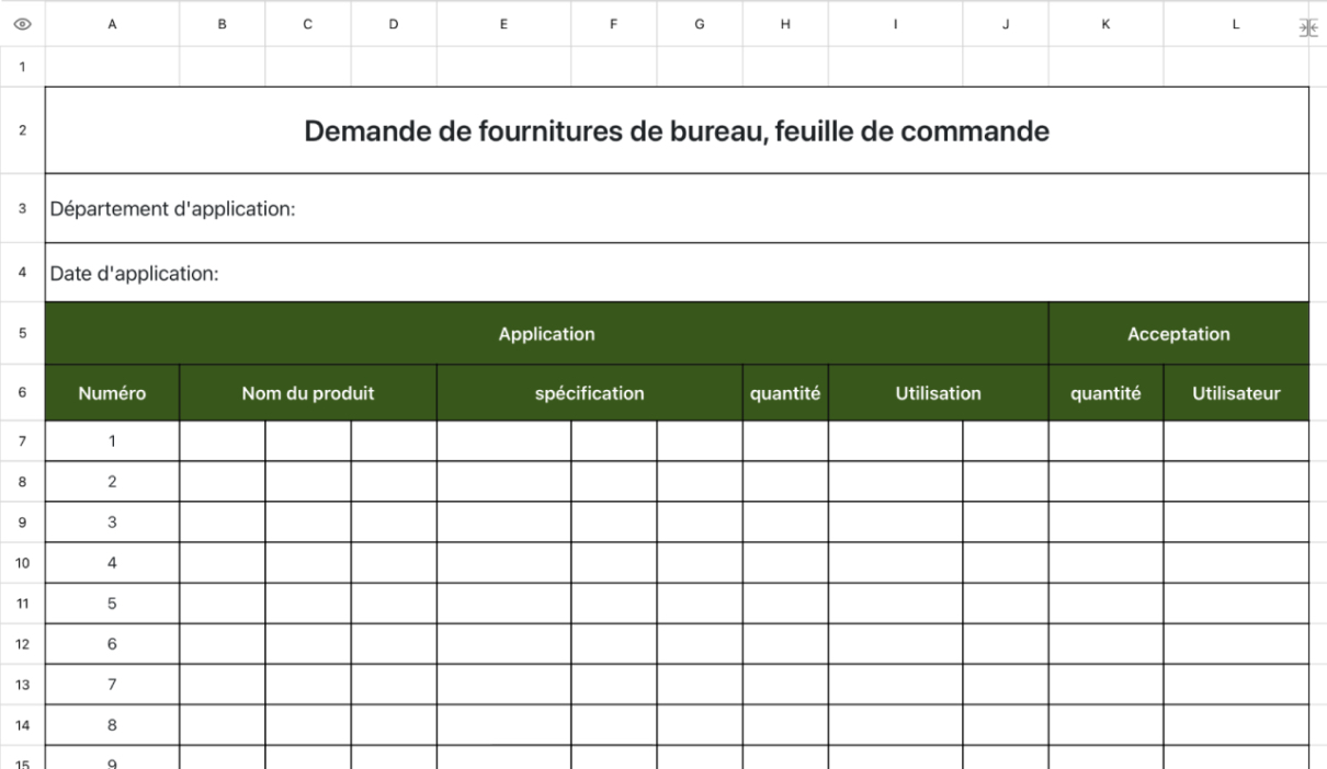 Demande de fournitures de bureau, feuille de commande